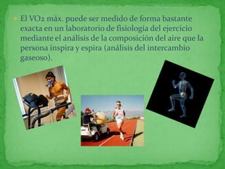  El VO2 máx. puede ser medido de forma bastante
 exacta en un laboratorio de fisiología del ejercicio
 mediante el análisis de la composición del aire que la
 persona inspira y espira (análisis del intercambio
 gaseoso).
 