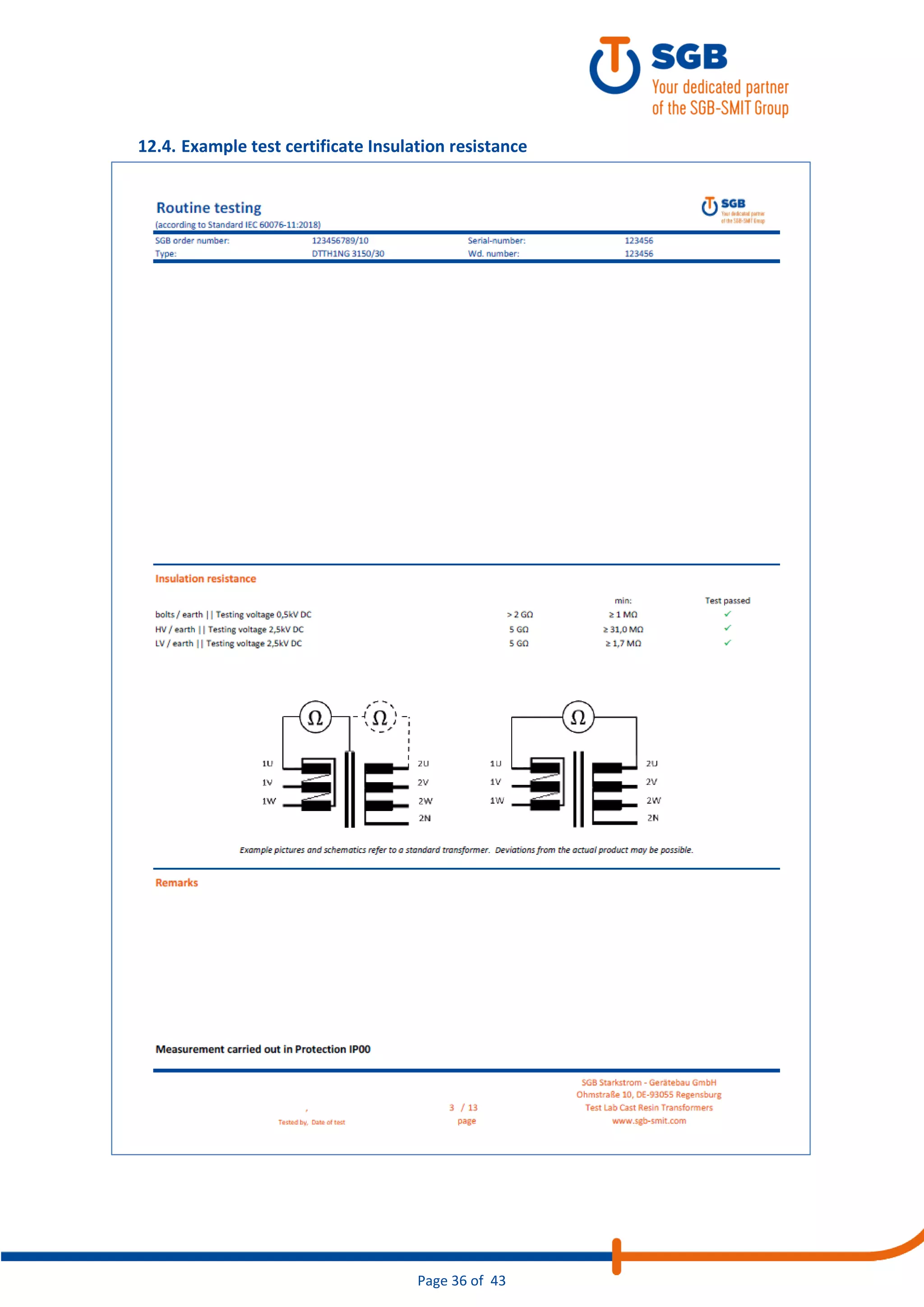 Page 36 of 43
12.4. Example test certificate Insulation resistance
 