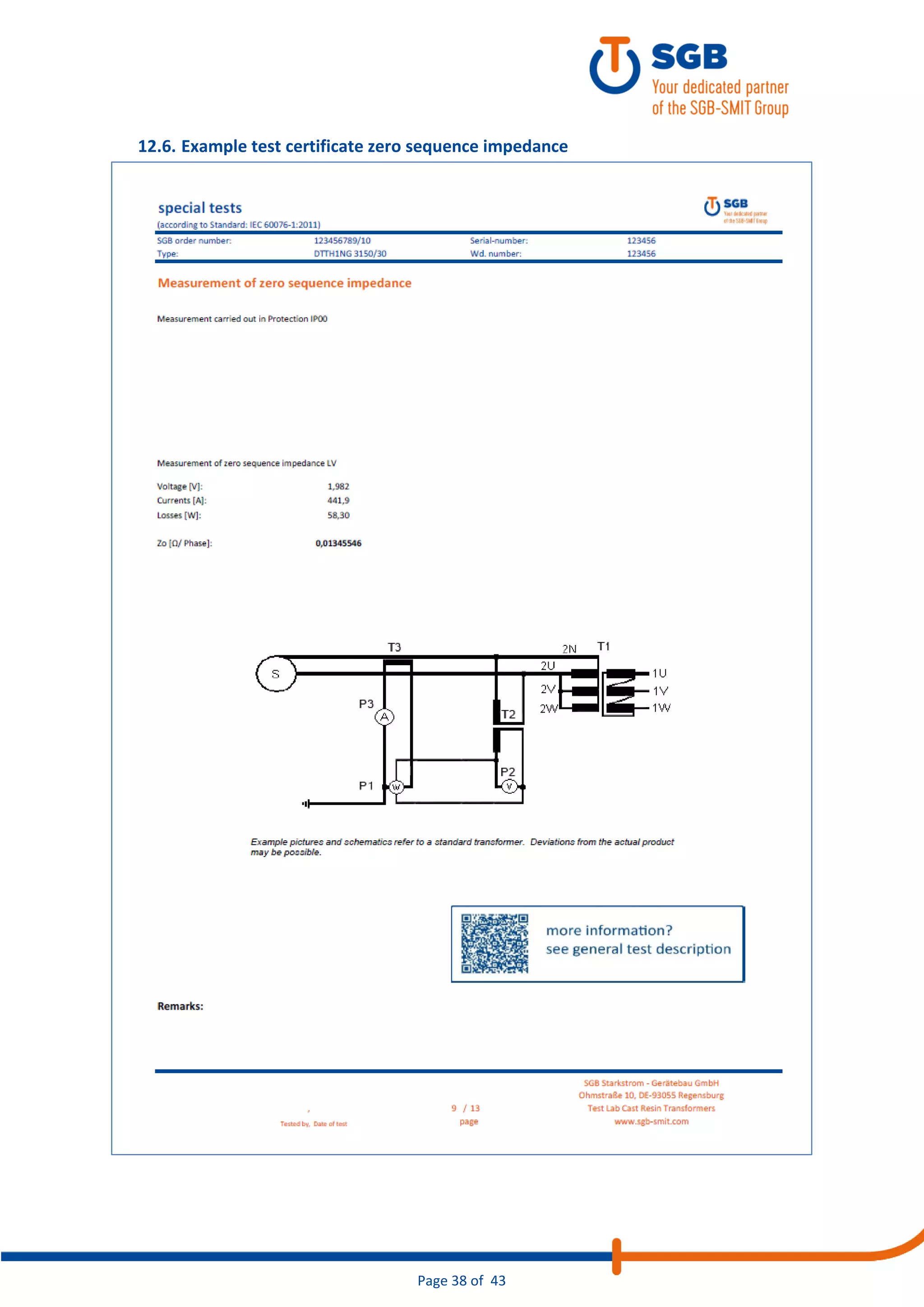 Page 38 of 43
12.6. Example test certificate zero sequence impedance
 