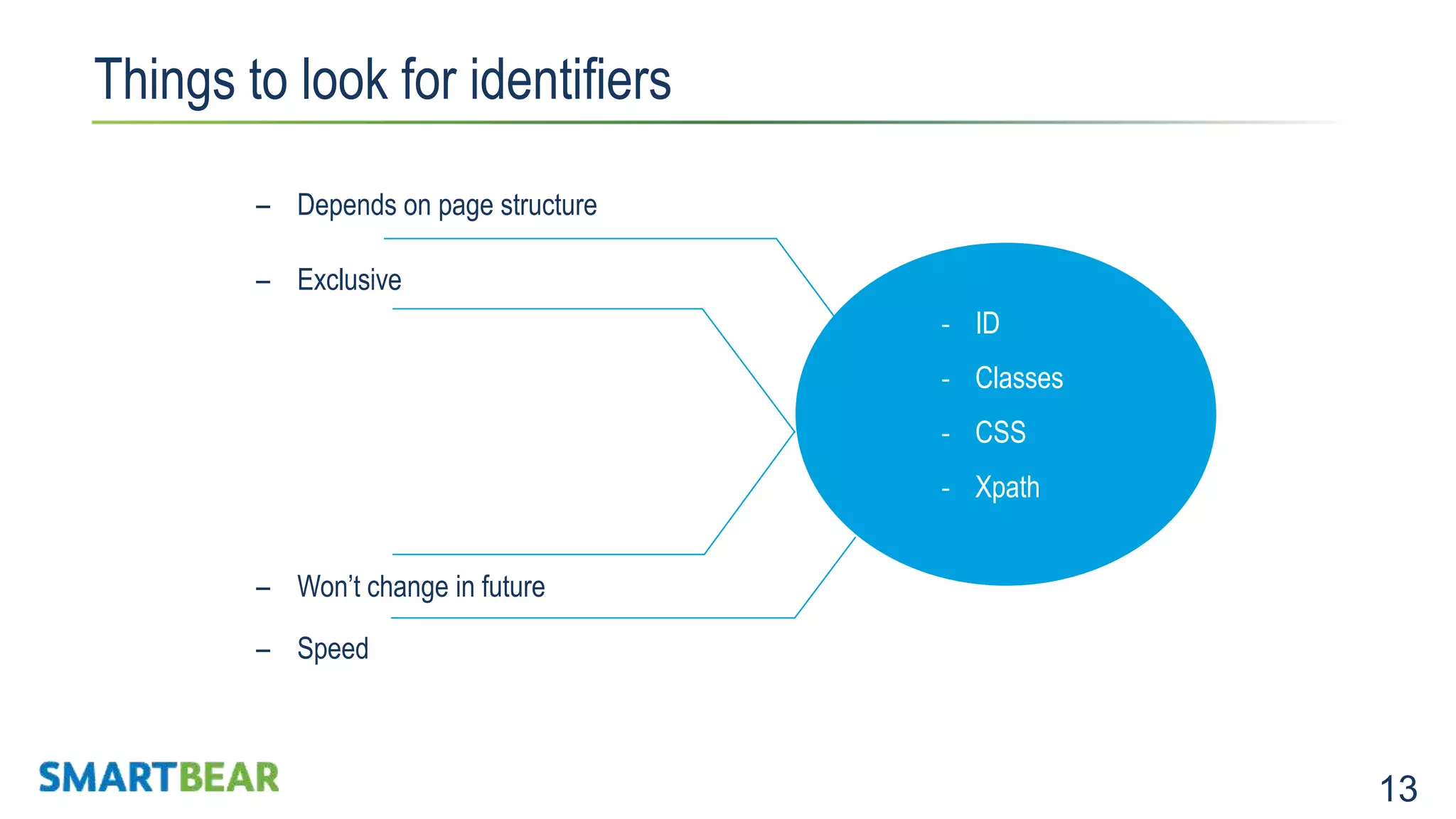 13 Things to look for identifiers ‐ ID ‐ Classes ‐ CSS ‐ Xpath – Depends on page structure – Won’t change in future – Speed – Exclusive 