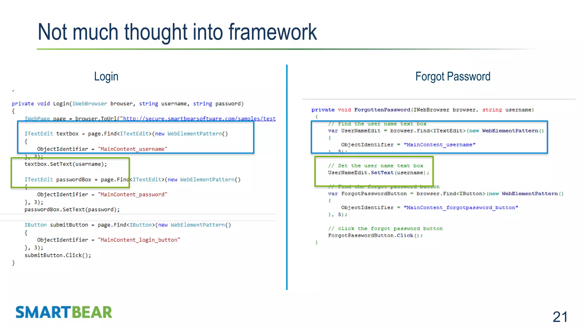 21 Not much thought into framework Expensive to maintainNot Stable Login Forgot Password 