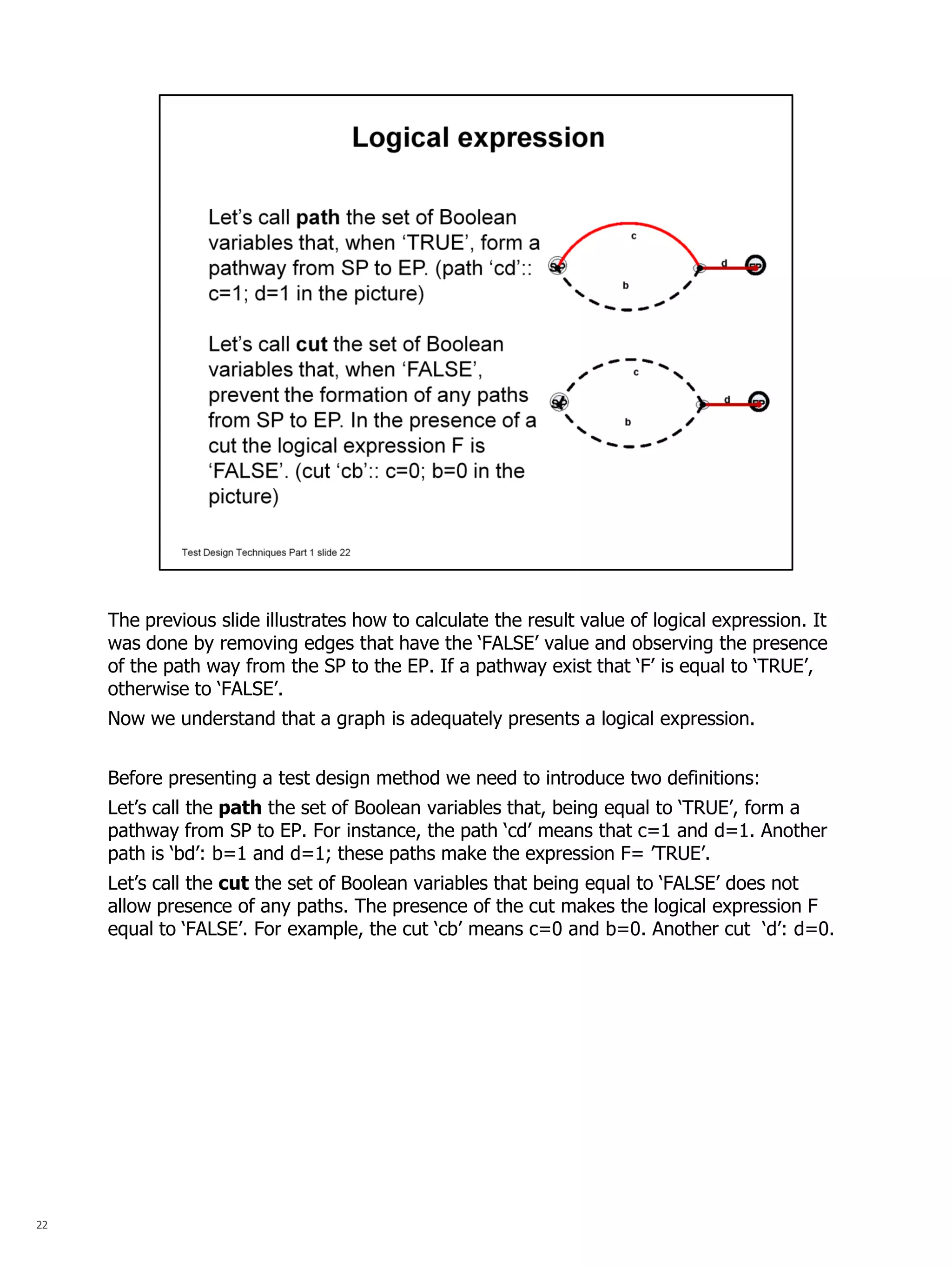 22 
The previous slide illustrates how to calculate the result value of logical expression. It was done by removing edges that have the ‘FALSE’ value and observing the presence of the path way from the SP to the EP. If a pathway exist that ‘F’ is equal to ‘TRUE’, otherwise to ‘FALSE’. 
Now we understand that a graph is adequately presents a logical expression. 
Before presenting a test design method we need to introduce two definitions: 
Let’s call the path the set of Boolean variables that, being equal to ‘TRUE’, form a pathway from SP to EP. For instance, the path ‘cd’ means that c=1 and d=1. Another path is ‘bd’: b=1 and d=1; these paths make the expression F= ’TRUE’. 
Let’s call the cut the set of Boolean variables that being equal to ‘FALSE’ does not allow presence of any paths. The presence of the cut makes the logical expression F equal to ‘FALSE’. For example, the cut ‘cb’ means c=0 and b=0. Another cut ‘d’: d=0. 
 