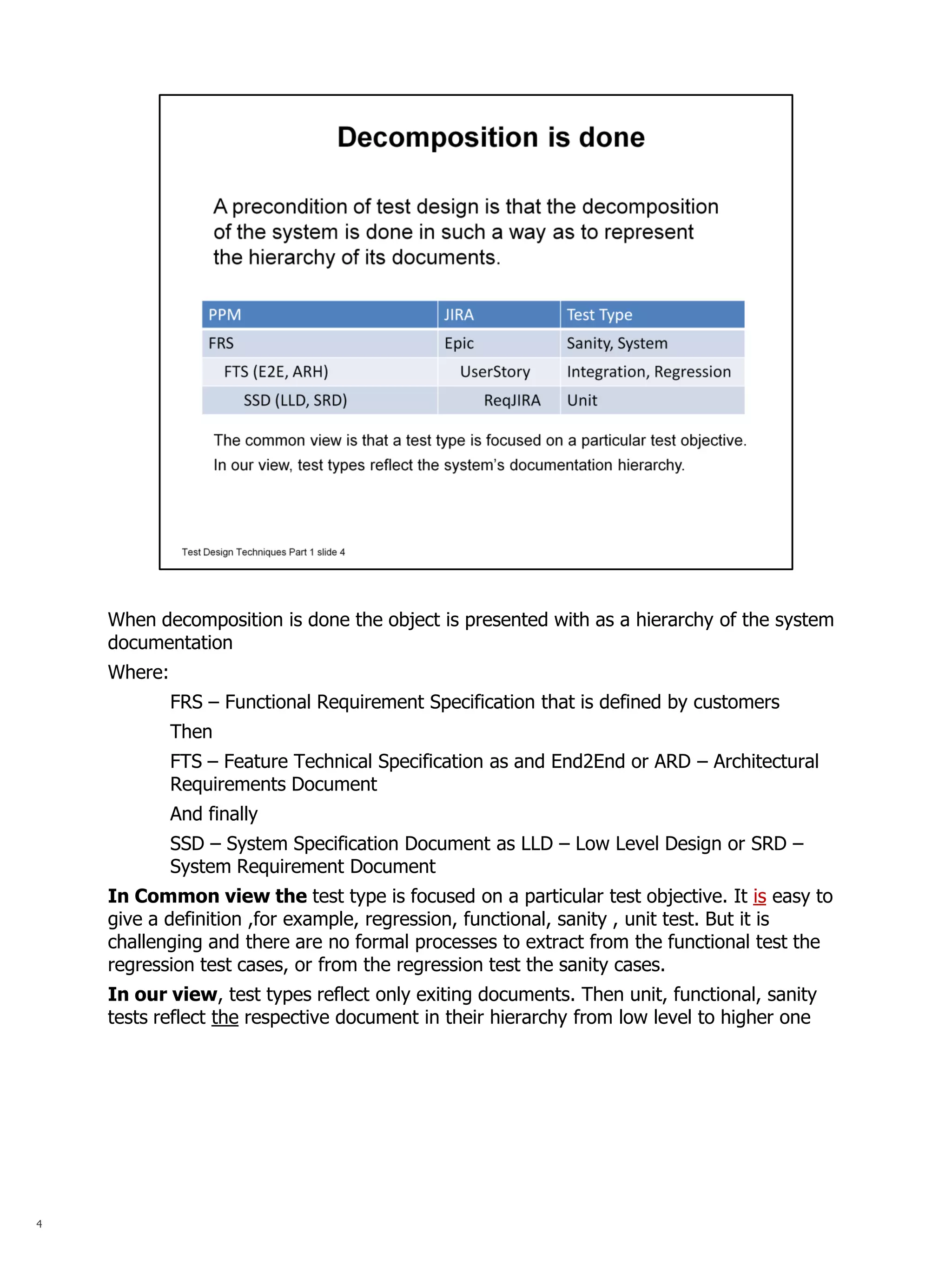 4 
When decomposition is done the object is presented with as a hierarchy of the system documentation 
Where: 
FRS – Functional Requirement Specification that is defined by customers 
Then 
FTS – Feature Technical Specification as and End2End or ARD – Architectural Requirements Document 
And finally 
SSD – System Specification Document as LLD – Low Level Design or SRD – System Requirement Document 
In Common view the test type is focused on a particular test objective. It is easy to give a definition ,for example, regression, functional, sanity , unit test. But it is challenging and there are no formal processes to extract from the functional test the regression test cases, or from the regression test the sanity cases. 
In our view, test types reflect only exiting documents. Then unit, functional, sanity tests reflect the respective document in their hierarchy from low level to higher one  
