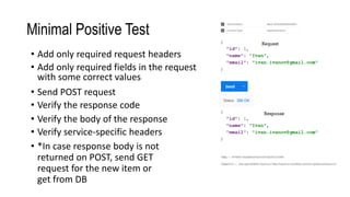 Minimal Positive Test
• Verify the response code
• Send POST request
• Add only required fields in the request
with some correct values
• Verify the body of the response
• Verify service-specific headers
• Add only required request headers
• *In case response body is not
returned on POST, send GET
request for the new item or
get from DB
 