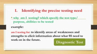 I. Identifying the precise testing need
• why am I testing? which specify the test type/
purpose, abilities to be tested
example:
am I testing for: to identify areas of weaknesses and
strengths to elicit information about what SS need to
work on in the future.
Diagnostic Test
 
