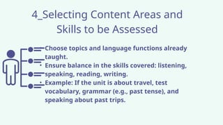 4_Selecting Content Areas and
Skills to be Assessed
• Choose topics and language functions already
taught.
• Ensure balance in the skills covered: listening,
speaking, reading, writing.
• Example: If the unit is about travel, test
vocabulary, grammar (e.g., past tense), and
speaking about past trips.
 