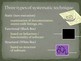 Static (non-execution)
• examination of documentation,
source code listings, etc.
Functional (Black Box)
• based on behaviour /
functionality of software
Structural (White Box)
• based on structure
of software
 
