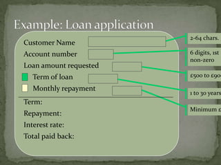 Customer Name
Account number
Loan amount requested
Term of loan
Monthly repayment
Term:
Repayment:
Interest rate:
Total paid back:
6 digits, 1st
non-zero
£500 to £900
1 to 30 years
Minimum £
2-64 chars.
 