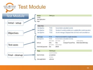 Test Module
11
Test Module
Initial - setup
Objectives
Test cases
Final - cleanup
 