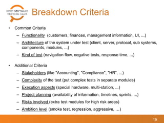 Breakdown Criteria
19
• Common Criteria
– Functionality (customers, finances, management information, UI, ...)
– Architecture of the system under test (client, server, protocol, sub systems,
components, modules, ...)
– Kind of test (navigation flow, negative tests, response time, ...)
• Additional Criteria
– Stakeholders (like "Accounting", "Compliance", "HR", ...)
– Complexity of the test (put complex tests in separate modules)
– Execution aspects (special hardware, multi-station, ...)
– Project planning (availability of information, timelines, sprints, ...)
– Risks involved (extra test modules for high risk areas)
– Ambition level (smoke test, regression, aggressive, …)
 