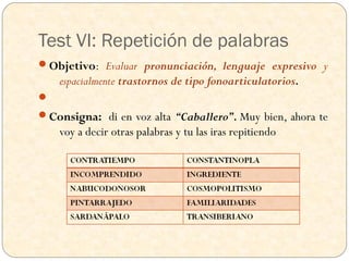 Test VI: Repetición de palabras
Objetivo: Evaluar pronunciación, lenguaje expresivo y
    espacialmente trastornos de tipo fonoarticulatorios.

Consigna: di en voz alta “Caballero”. Muy bien, ahora te
    voy a decir otras palabras y tu las iras repitiendo
 