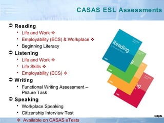 CASAS ESL Assessments
 Reading
• Life and Work 
• Employability (ECS) & Workplace 
• Beginning Literacy
 Listening
• Life and Work 
• Life Skills 
• Employability (ECS) 
 Writing
• Functional Writing Assessment –
Picture Task
 Speaking
• Workplace Speaking
• Citizenship Interview Test
Available on CASAS eTests
 