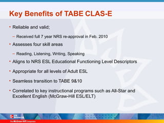 Key Benefits of TABE CLAS-E
• Reliable and valid;
– Received full 7 year NRS re-approval in Feb. 2010
• Assesses four skill areas
– Reading, Listening, Writing, Speaking
• Aligns to NRS ESL Educational Functioning Level Descriptors
• Appropriate for all levels of Adult ESL
• Seamless transition to TABE 9&10
• Correlated to key instructional programs such as All-Star and
Excellent English (McGraw-Hill ESL/ELT)
 