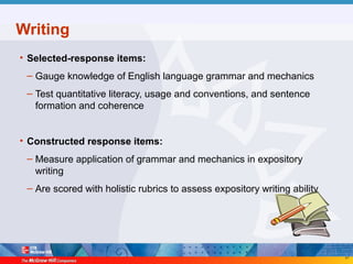 47
Writing
• Selected-response items:
– Gauge knowledge of English language grammar and mechanics
– Test quantitative literacy, usage and conventions, and sentence
formation and coherence
• Constructed response items:
– Measure application of grammar and mechanics in expository
writing
– Are scored with holistic rubrics to assess expository writing ability
 