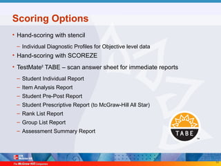 53
Scoring Options
• Hand-scoring with stencil
– Individual Diagnostic Profiles for Objective level data
• Hand-scoring with SCOREZE
• TestMate®
TABE – scan answer sheet for immediate reports
– Student Individual Report
– Item Analysis Report
– Student Pre-Post Report
– Student Prescriptive Report (to McGraw-Hill All Star)
– Rank List Report
– Group List Report
– Assessment Summary Report
 