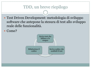 TDD, un breve riepilogo
 Test Driven Development: metodologia di sviluppo

software che antepone la stesura di test allo sviluppo
reale delle funzionalità.
 Come?
Scrivo test che
fallisce e lo
eseguo

Rifattorizzo il
codice

Scrivo codice che
soddisfi il test

 
