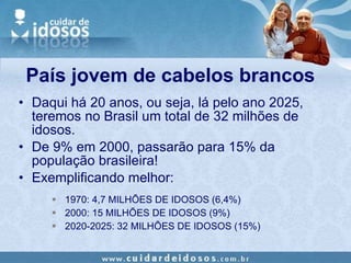 País jovem de cabelos brancos Daqui há 20 anos, ou seja, lá pelo ano 2025, teremos no Brasil um total de 32 milhões de idosos. De 9% em 2000, passarão para 15% da população brasileira! Exemplificando melhor: 1970: 4,7 MILHÕES DE IDOSOS (6,4%) 2000: 15 MILHÕES DE IDOSOS (9%) 2020-2025: 32 MILHÕES DE IDOSOS (15%) 