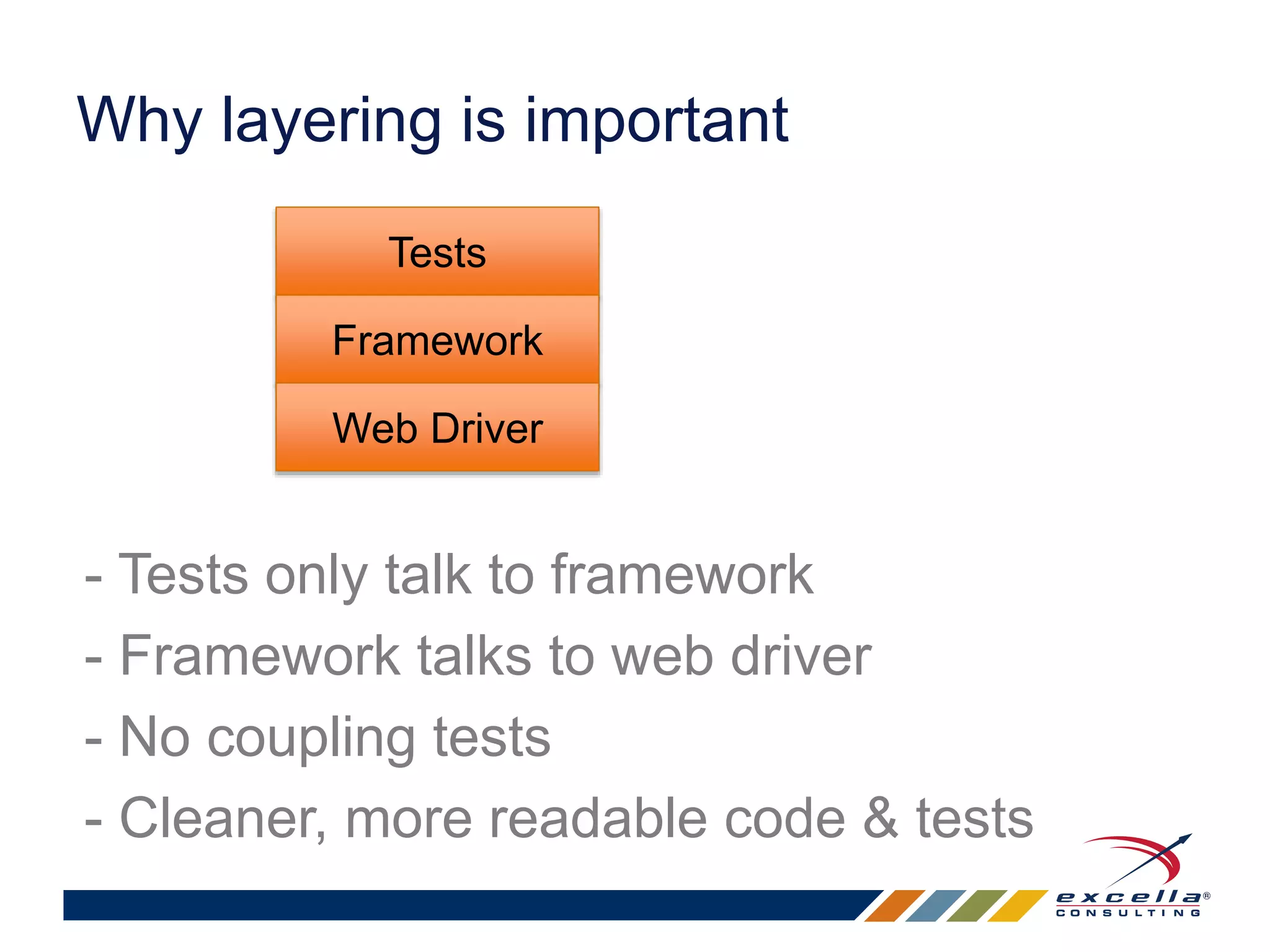 Why layering is important 
Tests 
Framework 
Web Driver 
- Tests only talk to framework 
- Framework talks to web driver 
- No coupling tests 
- Cleaner, more readable code & tests 
 