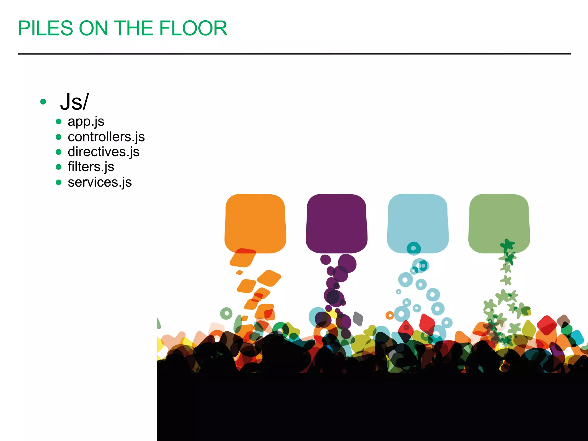 PILES ON THE FLOOR
•  Js/
●  app.js
●  controllers.js
●  directives.js
●  filters.js
●  services.js
10
 