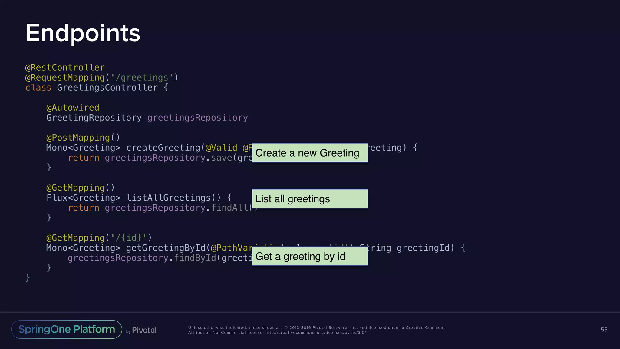 Unless otherwise indicated, these slides are © 2013-2016 Pivotal Software, Inc. and licensed under a Creative Commons Attribution-NonCommercial license: http://creativecommons.org/licenses/by-nc/3.0/ Endpoints @RestController @RequestMapping('/greetings') class GreetingsController { @Autowired GreetingRepository greetingsRepository @PostMapping() Mono<Greeting> createGreeting(@Valid @RequestBody Greeting greeting) { return greetingsRepository.save(greeting) } @GetMapping() Flux<Greeting> listAllGreetings() { return greetingsRepository.findAll() } @GetMapping('/{id}') Mono<Greeting> getGreetingById(@PathVariable(value = 'id') String greetingId) { greetingsRepository.findById(greetingId) } } 55 Create a new Greeting List all greetings Get a greeting by id 
