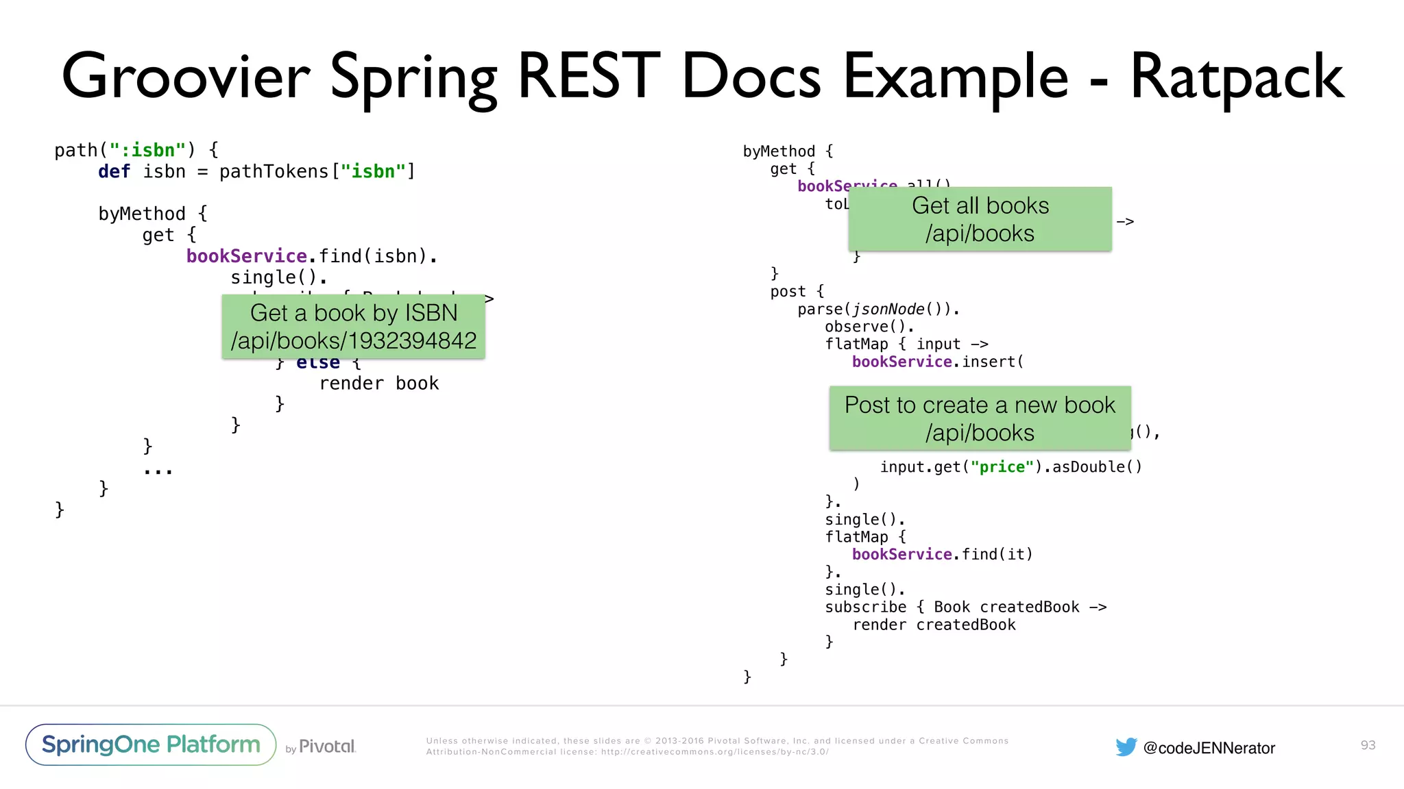 Unless otherwise indicated, these slides are © 2013-2016 Pivotal Software, Inc. and licensed under a Creative Commons Attribution-NonCommercial license: http://creativecommons.org/licenses/by-nc/3.0/ Groovier Spring REST Docs Example - Ratpack path(":isbn") {  def isbn = pathTokens["isbn"]    byMethod {  get {  bookService.find(isbn).  single().  subscribe { Book book ->  if (book == null) {  clientError 404  } else {  render book  }  }  } ... }  } 93 byMethod {  get {  bookService.all().  toList().  subscribe { List<Book> books ->  render json(books)  }  }  post {  parse(jsonNode()).  observe().  flatMap { input ->  bookService.insert(  input.get("isbn").asText(),  input.get("quantity").asLong(),  input.get("price").asDouble()  )  }.  single().  flatMap {  bookService.find(it)  }.  single().  subscribe { Book createdBook ->  render createdBook  }  } } Get a book by ISBN /api/books/1932394842 Get all books /api/books Post to create a new book /api/books 