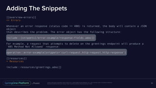 Unless otherwise indicated, these slides are © 2013-2016 Pivotal Software, Inc. and licensed under a Creative Commons
Attribution-NonCommercial license: http://creativecommons.org/licenses/by-nc/3.0/
Adding The Snippets
[[overview-errors]]
== Errors
Whenever an error response (status code >= 400) is returned, the body will contain a JSON
object
that describes the problem. The error object has the following structure:
include::{snippets}/error-example/response-fields.adoc[]
For example, a request that attempts to delete on the greetings endpoint will produce a
`405 Method Not Allowed` response:
operation::error-example[snippets='curl-request,http-request,http-response']
[[resources]]
= Resources
include::resources/greetings.adoc[]
80
 