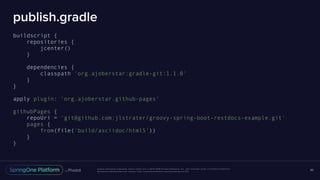 Unless otherwise indicated, these slides are © 2013-2016 Pivotal Software, Inc. and licensed under a Creative Commons
Attribution-NonCommercial license: http://creativecommons.org/licenses/by-nc/3.0/
publish.gradle
buildscript {
repositories {
jcenter()
}
dependencies {
classpath 'org.ajoberstar:gradle-git:1.1.0'
}
}
apply plugin: 'org.ajoberstar.github-pages'
githubPages {
repoUri = 'git@github.com:jlstrater/groovy-spring-boot-restdocs-example.git'
pages {
from(file('build/asciidoc/html5'))
}
}
86
 