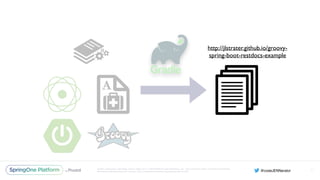 Unless otherwise indicated, these slides are © 2013-2016 Pivotal Software, Inc. and licensed under a Creative Commons
Attribution-NonCommercial license: http://creativecommons.org/licenses/by-nc/3.0/
87
http://jlstrater.github.io/groovy-
spring-boot-restdocs-example
 