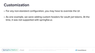Unless otherwise indicated, these slides are © 2013-2016 Pivotal Software, Inc. and licensed under a Creative Commons
Attribution-NonCommercial license: http://creativecommons.org/licenses/by-nc/3.0/
Customization
• For any non-standard conﬁguration, you may have to override the UI.
• As one example, we were adding custom headers for oauth jwt tokens. At the
time, it was not supported with springfox-ui.
X
 