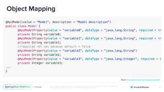 Unless otherwise indicated, these slides are © 2013-2016 Pivotal Software, Inc. and licensed under a Creative Commons
Attribution-NonCommercial license: http://creativecommons.org/licenses/by-nc/3.0/
Object Mapping
26
img src: https://github.com/springfox/springfox/issues/281
 
