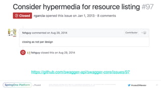 Unless otherwise indicated, these slides are © 2013-2016 Pivotal Software, Inc. and licensed under a Creative Commons
Attribution-NonCommercial license: http://creativecommons.org/licenses/by-nc/3.0/
27
https://github.com/swagger-api/swagger-core/issues/97
 