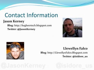 Microsoft SmallBasic  Free Courseware (recipes)Contact InformationJason KerneyBlog: http://bagheertech.blogspot.comTwitter: @JasonKerneyLlewellyn FalcoBlog: http://LlewellynFalco.Blogspot.comTwitter: @isidore_us