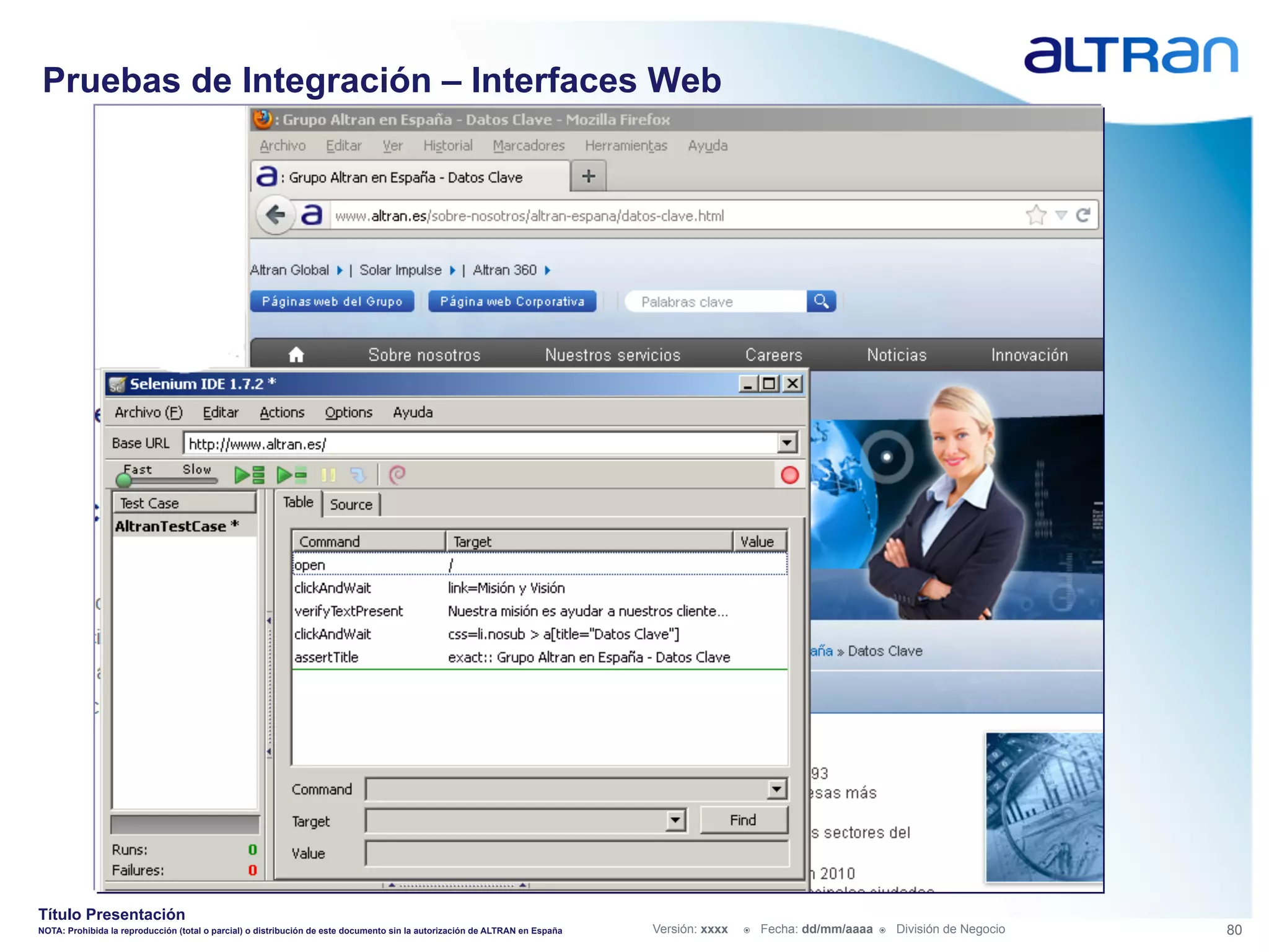Pruebas de Integración – Interfaces Web




Título Presentación
NOTA: Prohibida la reproducción (total o parcial) o distribución de este documento sin la autorización de ALTRAN en España   Versión: xxxx   ž    Fecha: dd/mm/aaaa   ž    División de Negocio   80
 