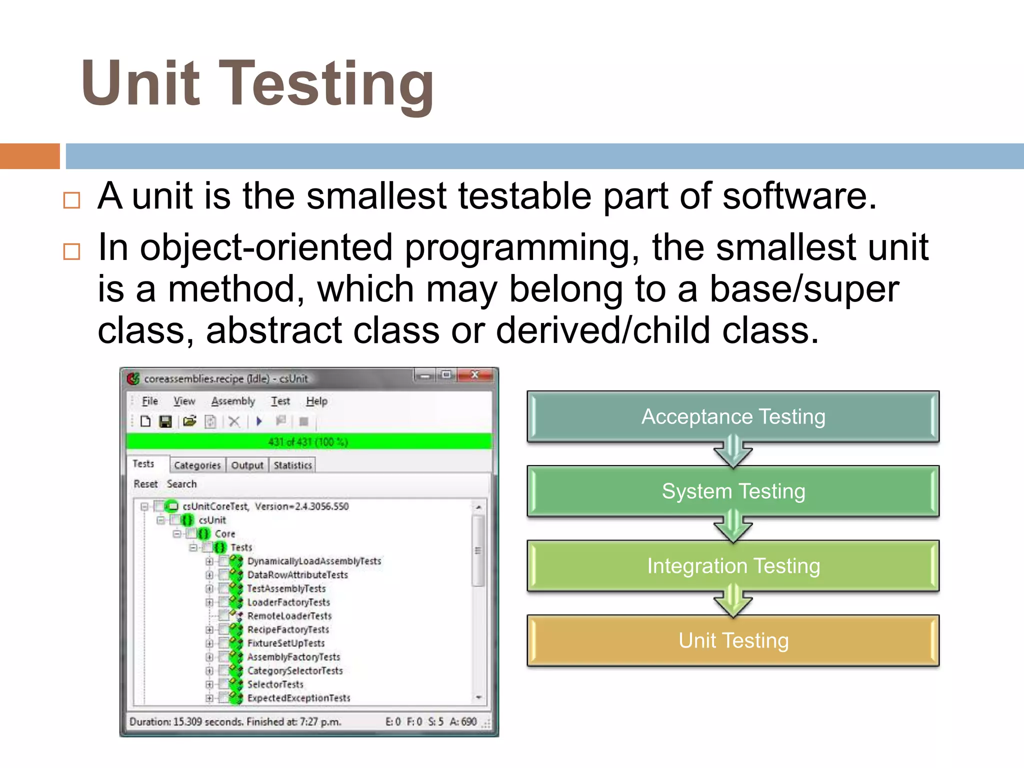 Unit Testing



A unit is the smallest testable part of software.
In object-oriented programming, the smallest unit
is a method, which may belong to a base/super
class, abstract class or derived/child class.
Acceptance Testing

System Testing

Integration Testing

Unit Testing

 