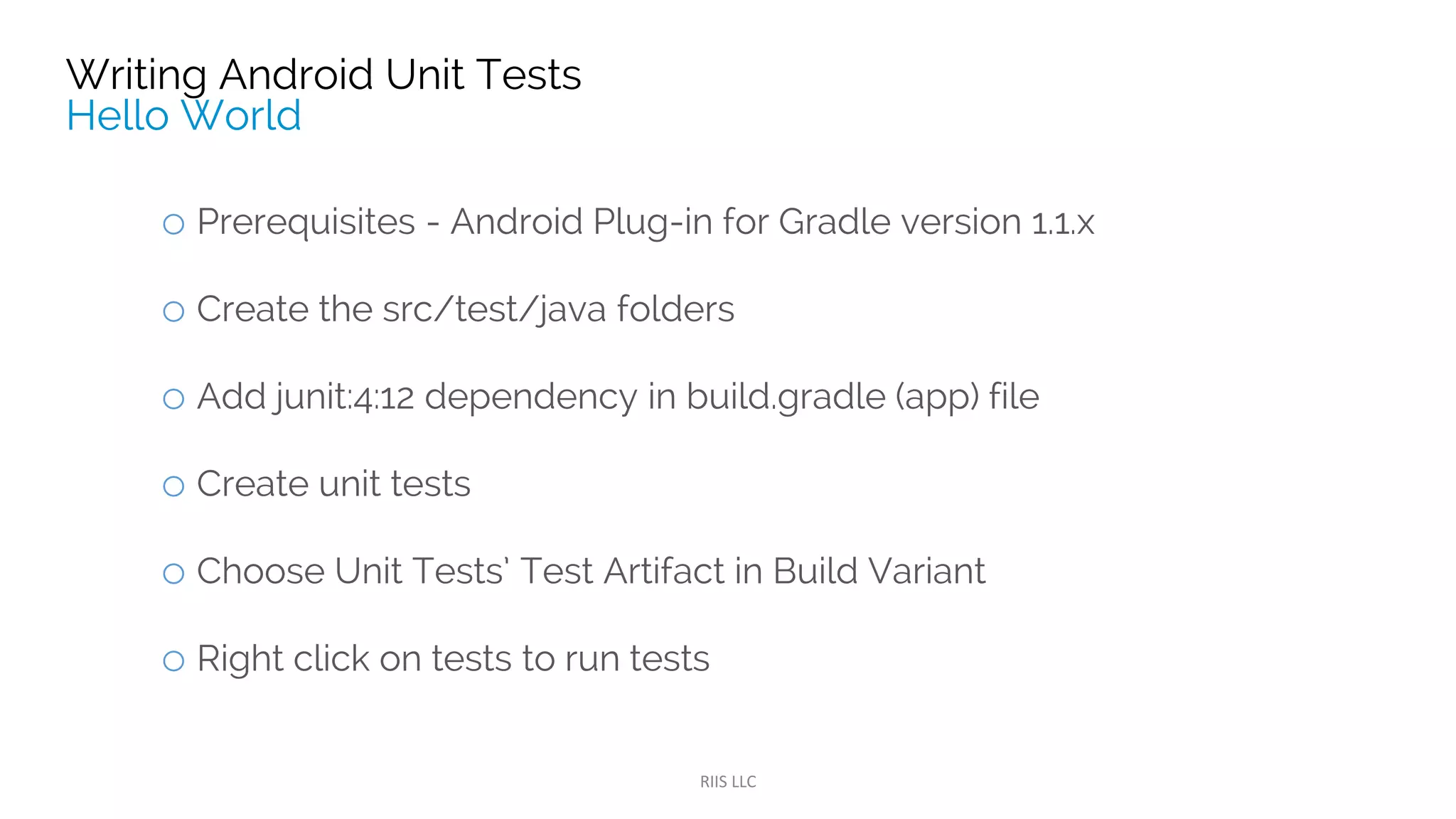 dependencies {
// Unit testing dependencies.
testCompile 'junit:junit:4.12'
}
 
