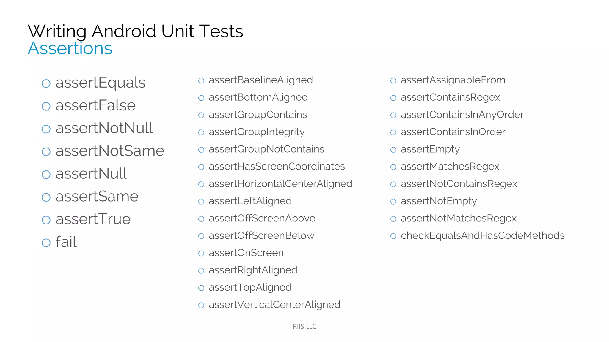 dependencies {
// Unit testing dependencies.
testCompile 'junit:junit:4.12'
testCompile 'org.mockito:mockito-core:1.10.19'
}
@SmallTest
public class DatabaseTest {
private User joeSmith = new User("Joe", "Smith");
private final int USER_ID = 1;
@Test
public void testMockUser() {
//mock SQLHelper
SQLHelper dbHelper = Mockito.mock(SQLHelper.class);
//have mockito return joeSmith when calling dbHelper getUser
Mockito.when(dbHelper.getUser(USER_ID)).thenReturn(joeSmith);
//Assert joeSmith is returned by getUser
Assert.assertEquals(dbHelper.getUser(USER_ID), joeSmith);
}
}
 