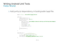 UNIT TESTING 101UNIT TESTING 101
Command line
Setup and Teardown
Grouping
Parameters
Assertions
Code Coverage
 