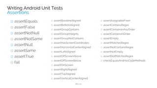 dependencies {
// Unit testing dependencies.
testCompile 'junit:junit:4.12'
testCompile 'org.mockito:mockito-core:1.10.19'
}
@SmallTest
public class DatabaseTest {
private User joeSmith = new User("Joe", "Smith");
private final int USER_ID = 1;
@Test
public void testMockUser() {
//mock SQLHelper
SQLHelper dbHelper = Mockito.mock(SQLHelper.class);
//have mockito return joeSmith when calling dbHelper getUser
Mockito.when(dbHelper.getUser(USER_ID)).thenReturn(joeSmith);
//Assert joeSmith is returned by getUser
Assert.assertEquals(dbHelper.getUser(USER_ID), joeSmith);
}
}
 