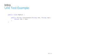 UNIT TESTING INTROUNIT TESTING INTRO
Hello World
Beneﬁts
Android Testing Pyramid
Activity Testing
 