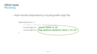 @RunWith(MockitoJUnitRunner.class)
public class AudioHelperTest {
private final int MAX_VOLUME = 100;
@Test
public void maximizeVolume_Maximizes_Volume() {
// Create an AudioManager object using Mockito
AudioManager audioManager = Mockito.mock(AudioManager.class);
// Inform Mockito what to return when audioManager.getStreamMaxVolume is called
Mockito.when(audioManager.getStreamMaxVolume(AudioManager.STREAM_RING)).thenReturn(MAX_VOL
new AudioHelper().maximizeVolume(audioManager);
// verify with Mockito that setStreamVolume to 100 was called.
Mockito.verify(audioManager).setStreamVolume(AudioManager.STREAM_RING, MAX_VOLUME, 0);
}
}
 