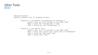 TEST DRIVEN DEVELOPMENTTEST DRIVEN DEVELOPMENT
Built in regression testing
Longer life for your codebase
YAGNI feature development
Red/Green/Refactor helps
kill procrastination
 