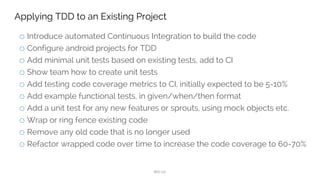 @RunWith(AndroidJUnit4.class)
@LargeTest
public class MainActivityTest {
@Rule
public ActivityTestRule<MainActivity> activityTestRule
= new ActivityTestRule<> (MainActivity.class);
@Test
public void helloWorldTest() {
onView(withId(R.id.hello_world))
.check(matches(withText(R.string.hello_world)));
}
}
@Test
public void helloWorldButtonTest(){
onView(withId(R.id.button))
.perform(click())
.check(matches(isEnabled()));
}
 