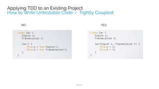 STEPSSTEPS
Introduce Continuous Integration to build code
Conﬁgure android projects for TDD
Add minimal unit tests based on existing tests, add to CI
Show team how to create unit tests
Add testing code coverage metrics to CI, expect 5-10%
Add Espresso tests
Unit test new features or sprouts, mock existing objects
Wrap or ring fence existing code, remove unused code
Refactor wrapped code to get code coverage to 60-70%
 
