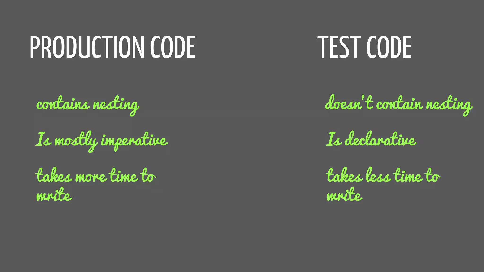 PRODUCTION CODE TEST CODE
contains nesting doesn’t contain nesting
Is mostly imperative Is declarative
takes more time to
write
takes less time to
write
 