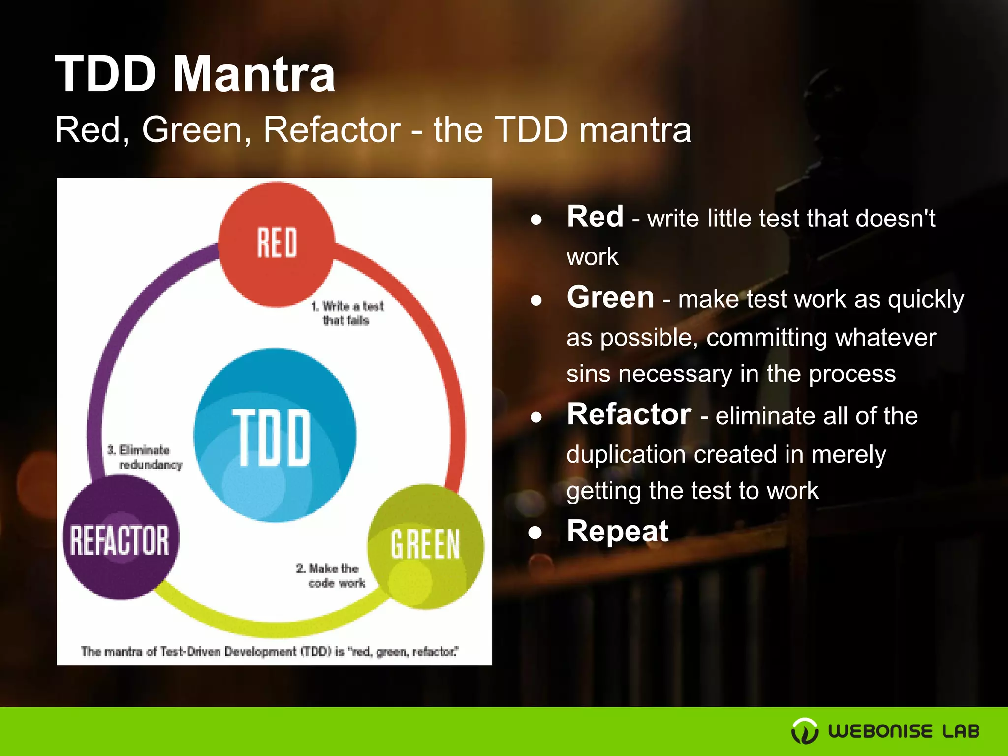 TDD Mantra
Red, Green, Refactor - the TDD mantra
● Red - write little test that doesn't
work
● Green - make test work as quickly
as possible, committing whatever
sins necessary in the process
● Refactor - eliminate all of the
duplication created in merely
getting the test to work
● Repeat
 