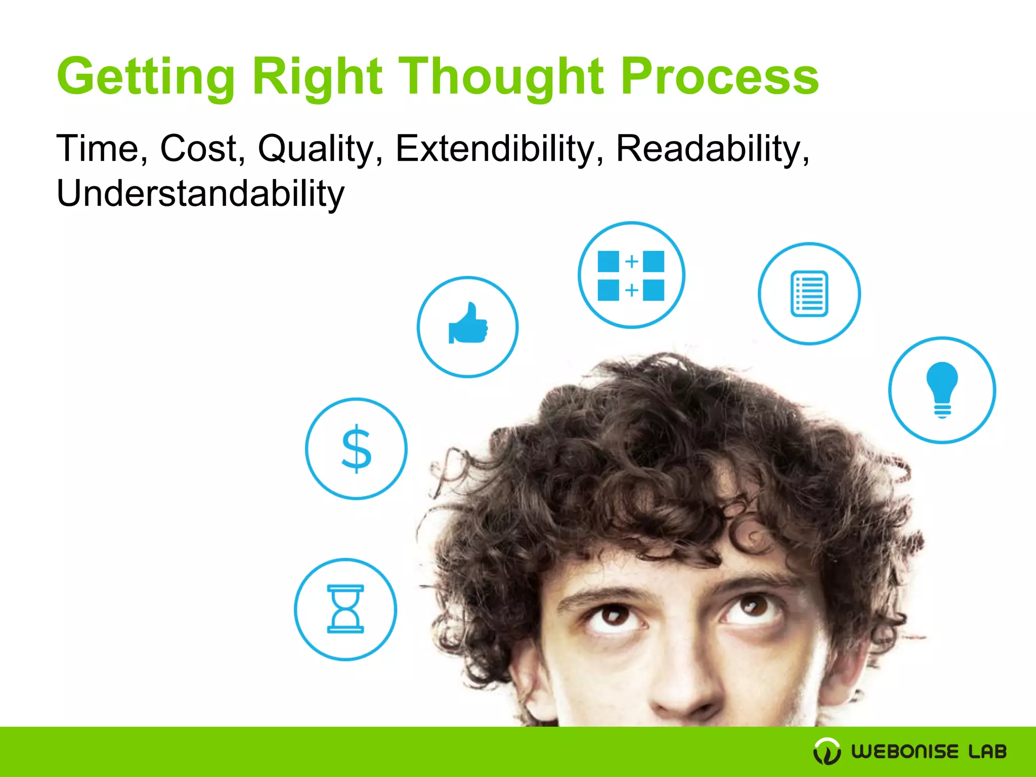 Getting Right Thought Process
Time, Cost, Quality, Extendibility, Readability,
Understandability
 