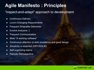 Agile Manifesto : Principles
● Continuous Delivery
● Love’s Changing Requirements
● Frequent Shippable Deliveries
● Involve everyone :)
● Frequent Communication
● Moto "A working software”
● Continuous attention to tech excellence and good design
● Simplicity is essential (DRY/SOLID)
● Self organizing teams
● Periodic Retrospective
“inspect-and-adapt” approach to development
 