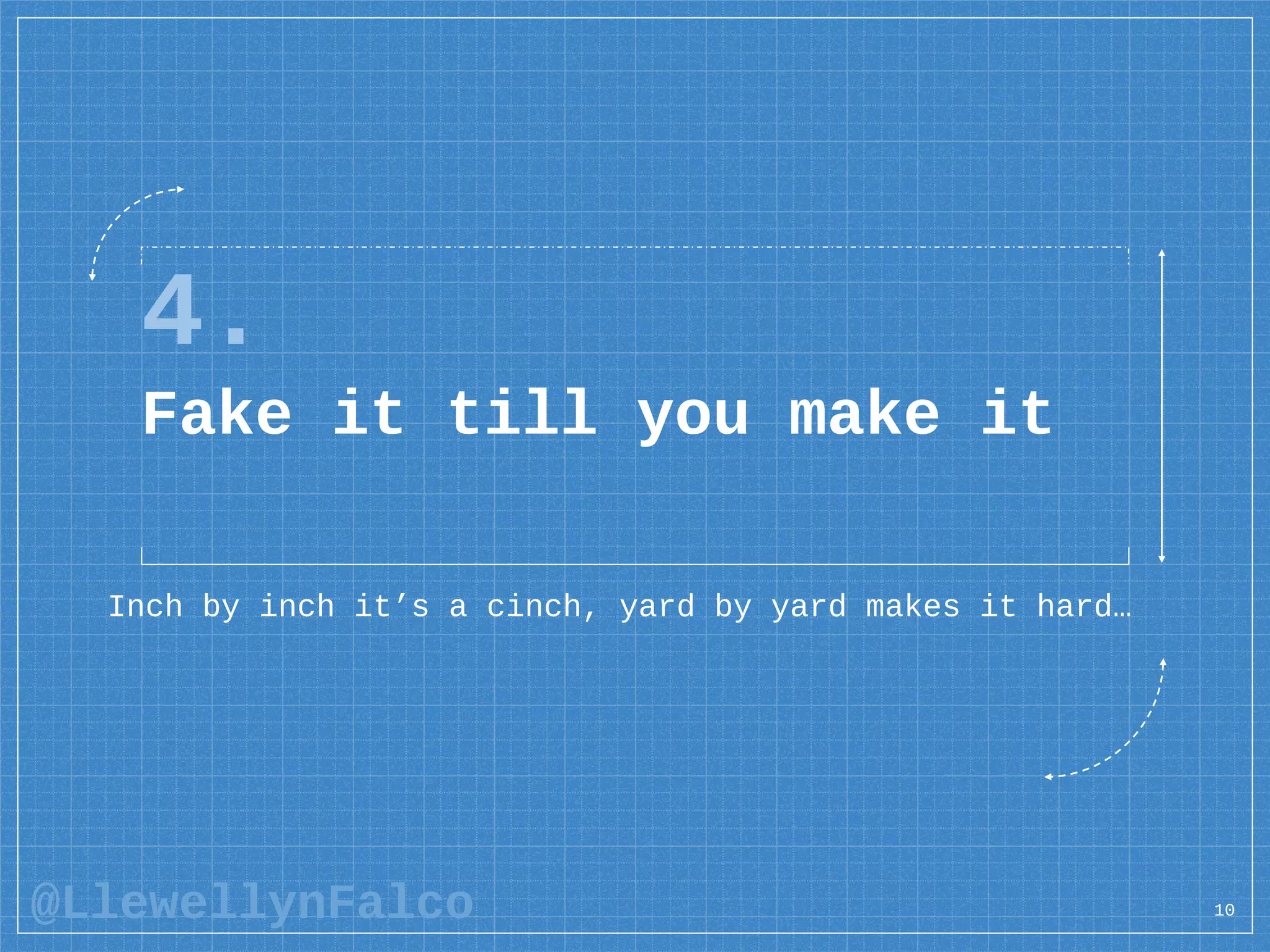 @LlewellynFalco
4.
Fake it till you make it
Inch by inch it’s a cinch, yard by yard makes it hard…
10
 