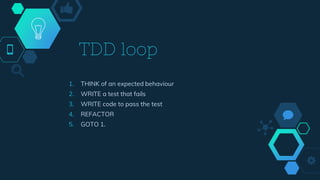 TDD loop
1. THINK of an expected behaviour
2. WRITE a test that fails
3. WRITE code to pass the test
4. REFACTOR
5. GOTO 1.
 