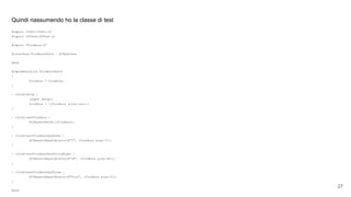 Quindi riassumendo ho la classe di test
#import <UIKit/UIKit.h>
#import <XCTest/XCTest.h>
#import "FizzBuzz.h"
@interface FizzBuzzTests : XCTestCase
@end
@implementation FizzBuzzTests
{
FizzBuzz * fizzBuzz;
}
- (void)setUp {
[super setUp];
fizzBuzz = [[FizzBuzz alloc]init];
}
- (void)testFizzBuzz {
XCTAssertNotNil(fizzBuzz);
}
- (void)testFizzBuzzSaySeven {
XCTAssertEqualObjects(@"7", [fizzBuzz play:7]);
}
- (void)testFizzBuzzSayThirtyEight {
XCTAssertEqualObjects(@"38", [fizzBuzz play:38]);
}
- (void)testFizzBuzzSayThree {
XCTAssertEqualObjects(@"Fizz", [fizzBuzz play:3]);
}
@end
27
 
